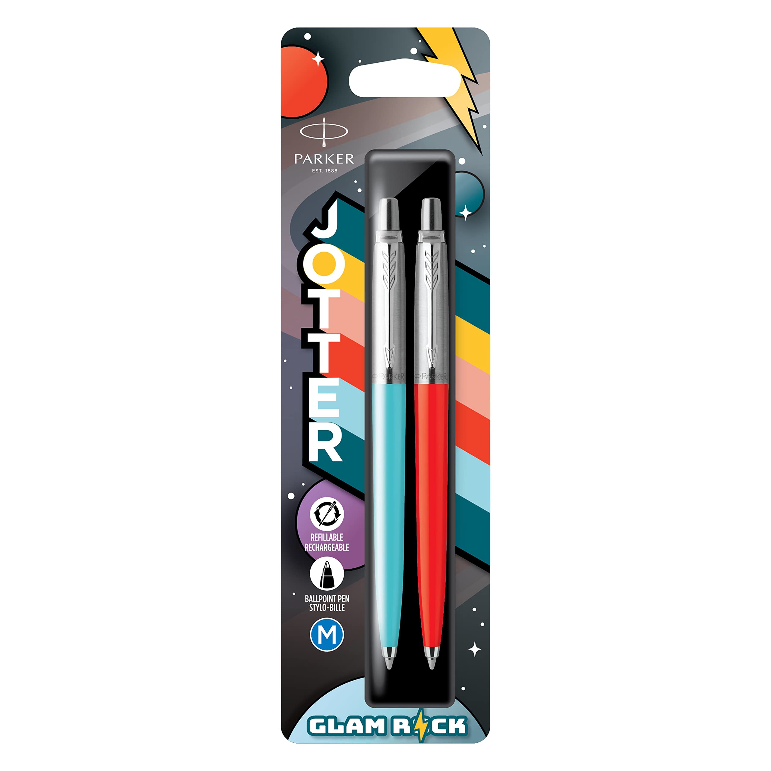 Parker Jotter Originals Ballpoint Pens | Glam Rock Collection | Azure Blue & Vermilion | Blue Ink | 2 Count