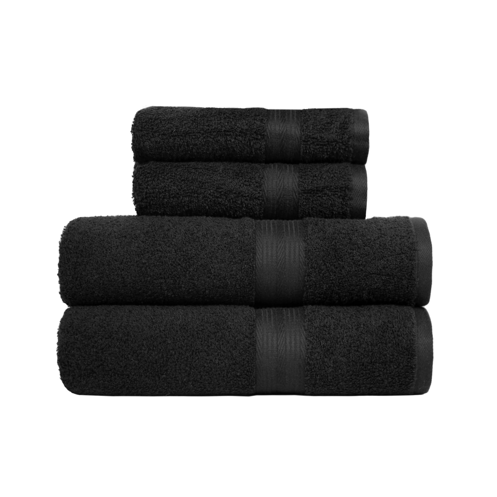 Amazon Basics 4-Piece Fade Resistant Towel Set for Bathroom, 100% Cotton Soft and Absorbent, 2 Bath + 2 Hand Towels, Black