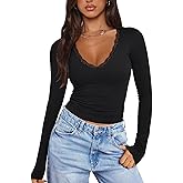 PINKMSTYLE Women Sexy V Neck Lace Long Sleeve Shirts Basic Fitted Double Lined Going Out Y2K Trendy Fall Tops