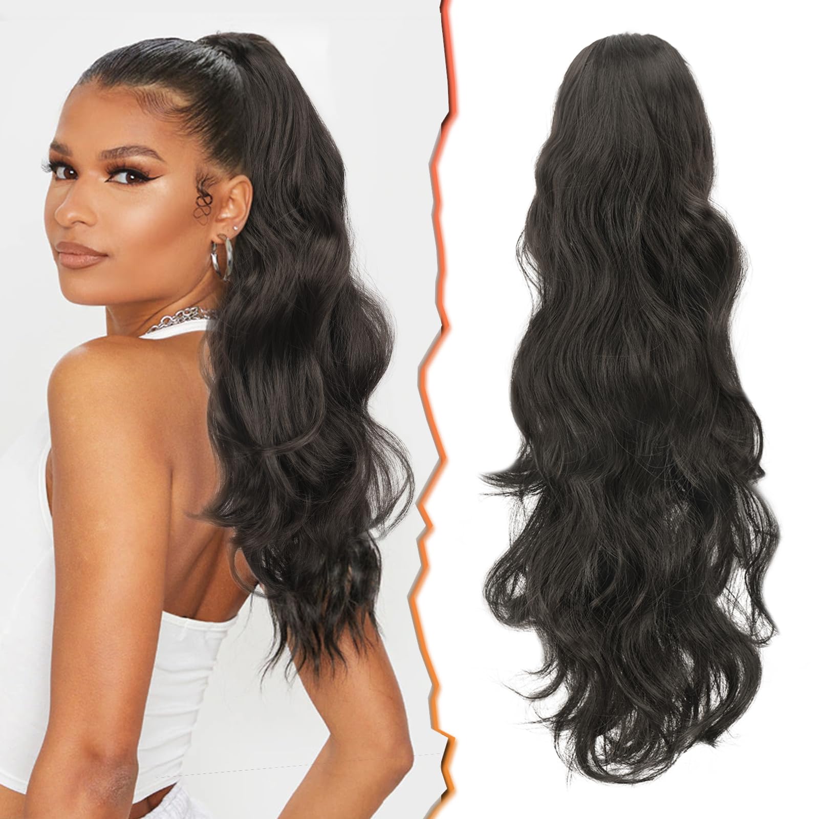 BARSDAR Ponytail Extension, Claw Clip Long Ponytail Extensions Wavy Curly Ponytail Hair Extension Synthetic Fluffy Hairpiece for Women Girls Daily Use Party Halloween(20'', Darkest Brown)