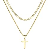 Fiusem 2 Pcs Cross Necklace Chain for Men and Women, Stainless Steel Layered Mens Cross Necklaces with Pendant, Figaro and Box Chain 16-24 Inch