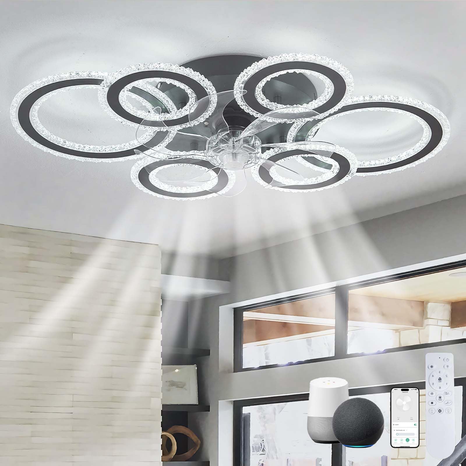 Alexa Smart Ceiling Fan with Lighting Reversible Dimmable LED Ceiling Light Fan and Remote Control Quiet DC Ceiling Fan Light 6 Gears Bedroom Large Modern for Living Room Black