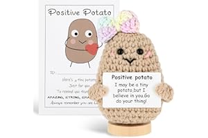GREVOSEA Mini Funny Positive Potato, 3 Inch Mini Cute Positive Potato Crochet with Rainbow Bowknot Wool Knitted Positive Potato Doll Gifts with Wood Base for Birthday Friends Party Decoration Encouragement