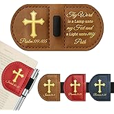 Personalized Bygone Mark Bookmark with Pen Holder-Magnetic Leather Bookmarks with Bible Verses,Custom Book Marks for Christian,Women,Men, Book Lovers, Readers,Church(Brown，Psalm 119：105)