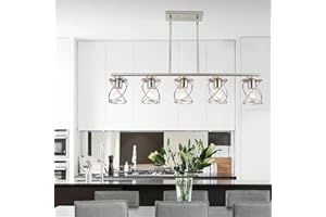 mavcadonf Kitchen Island Light, 5-Light Dining Room Lighting Fixtures Hanging, Farmhouse Linear Pendant Light for Kitchen Island Table Living Room with Adjustable Rods, Brushed Nickel