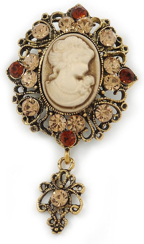 Vintage Inspired Amber/Champagne Crystal Cameo with Charm Brooch In Bronze Tone - 65mm L, brown, copper, bronze
