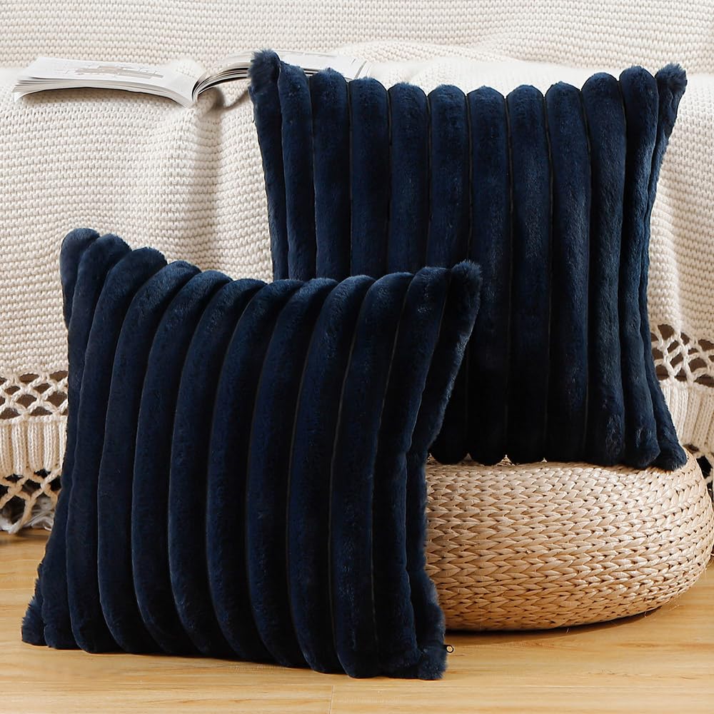 Madizz Set of 2 Faux Fur Decorative Cushion Covers 18x18 inch, 45x45 cm, Dark Blue Soft Couch Throw Pillows for Bed Modern Pillowcases for Sofa Livingroom Home Decor — image 1