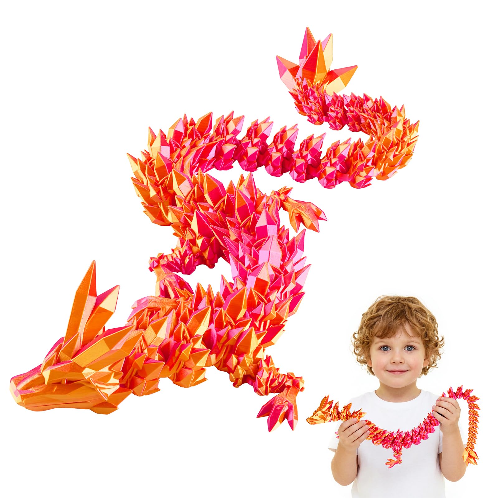 Rapean 27" 3D Printed Dragon Toy, Articulated Crystal Dragon Model for Kids & Collectors, Desktop Decoration, Dragon Lovers Unique Gift, 3D Printed Toys for Adults & Children (Orange) Image