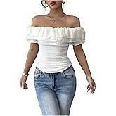 OYOANGLE Women's Lace Trim Off Shoulder T Shirts Layered Short Sleeve Fitted Going Out Tops