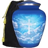 M MEILINXU Cremation Urns for Human Ashes Adult Man or Women, Funeral Urn for Ashes Adult Male or Female, Blue Sky and White Clouds, Religious Cross Decorative Urn, Burial, Christian Crosses - Large