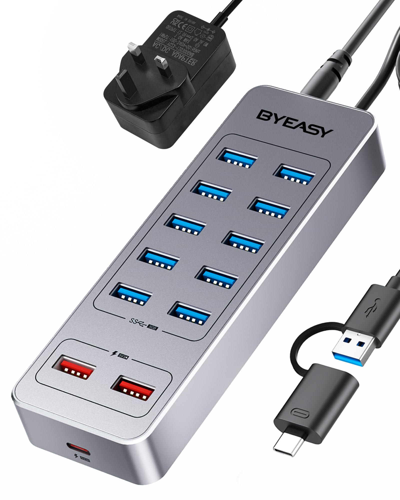 BYEASY Powered USB Hub, 13-Port USB 3.0 Data Hub with 10*USB 3.0 Ports, 2*USB A Charging Ports and 1*USB C Charging Port, USB Splitter Powered with 12V3A Adapter for Laptop,Tablet, USB Flash Drives