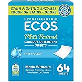 ECOS Laundry Detergent Sheets Vegan, No Plastic Jug, No Mess &amp; Liquid Free - Hypoallergenic, Plant Powered Laundry Detergent Sheet - Free and Clear - 64 Count (Pack of 1)