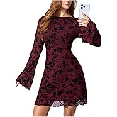 SOLY HUX Women's Floral Sexy Mesh Mini Dress Bell Long Sleeve Bodycon Going Out Dresses