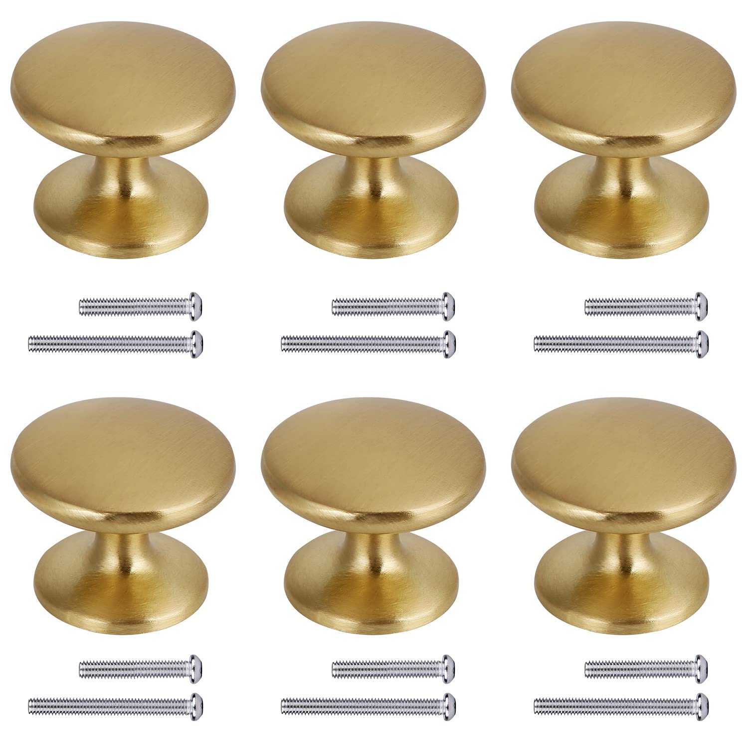 BIGLUFU 6 Pcs Brass Drawer Knobs, 1.06"/27mm Round Kitchen Cabinet Knobs, Furniture Door Handles Cupboard Pulls with Screws, Brushed Finish (Gold)