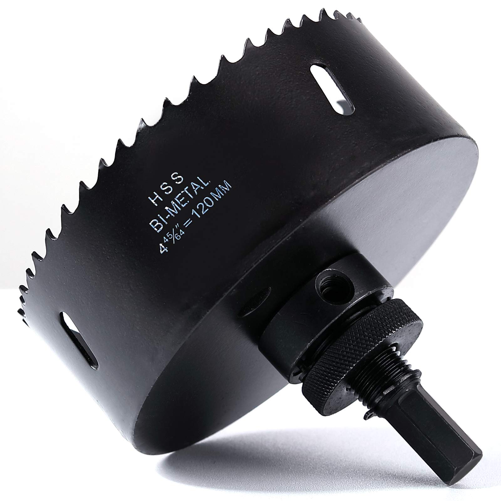120mm(4-45/64") HSS Hole Saw for Wood, M42 Bi-Meta Vent Cutter in 30mm Cutting Depth, Black Finished Soffit Cutter Saw with Heavy Duty Hex Shank Arbor — image 1