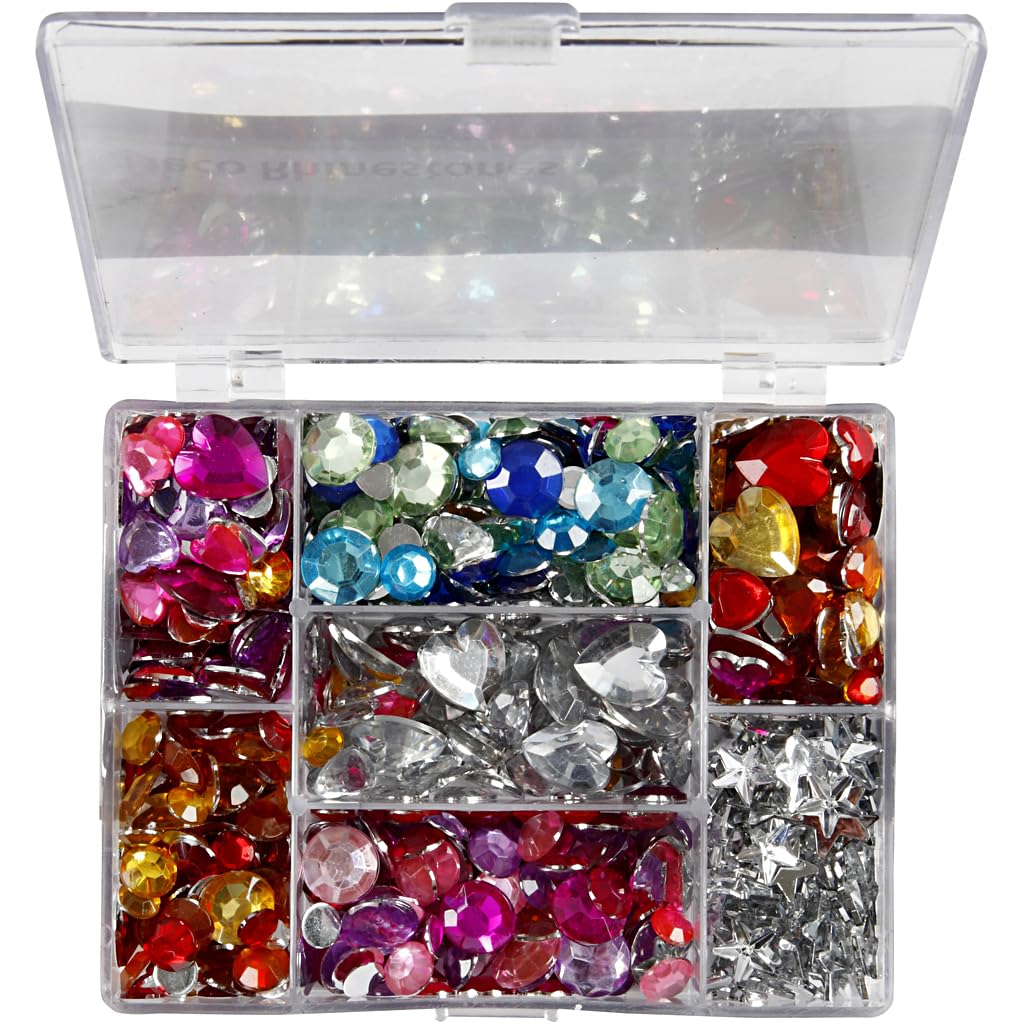 Rhinestones in display box, D: 6+7+9+10+11+12+14+16 mm, outer size 16,4x9,2x1,5 cm, blue, silver, pink, Rounds. stars. hearts, 300pcs