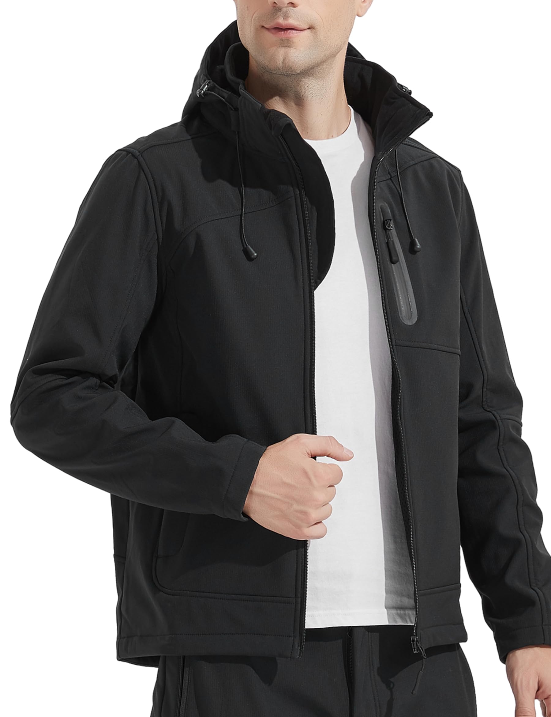 KUTOOK Waterproof Jackets Mens Jacket Fleece Winter Coats Work Hiking Warm Tactical Fishing Cycling Hoodies for Men Raincoat Softshell Mountain Walking Ski Outdoor Hooded Combat Clothing Black 2XL