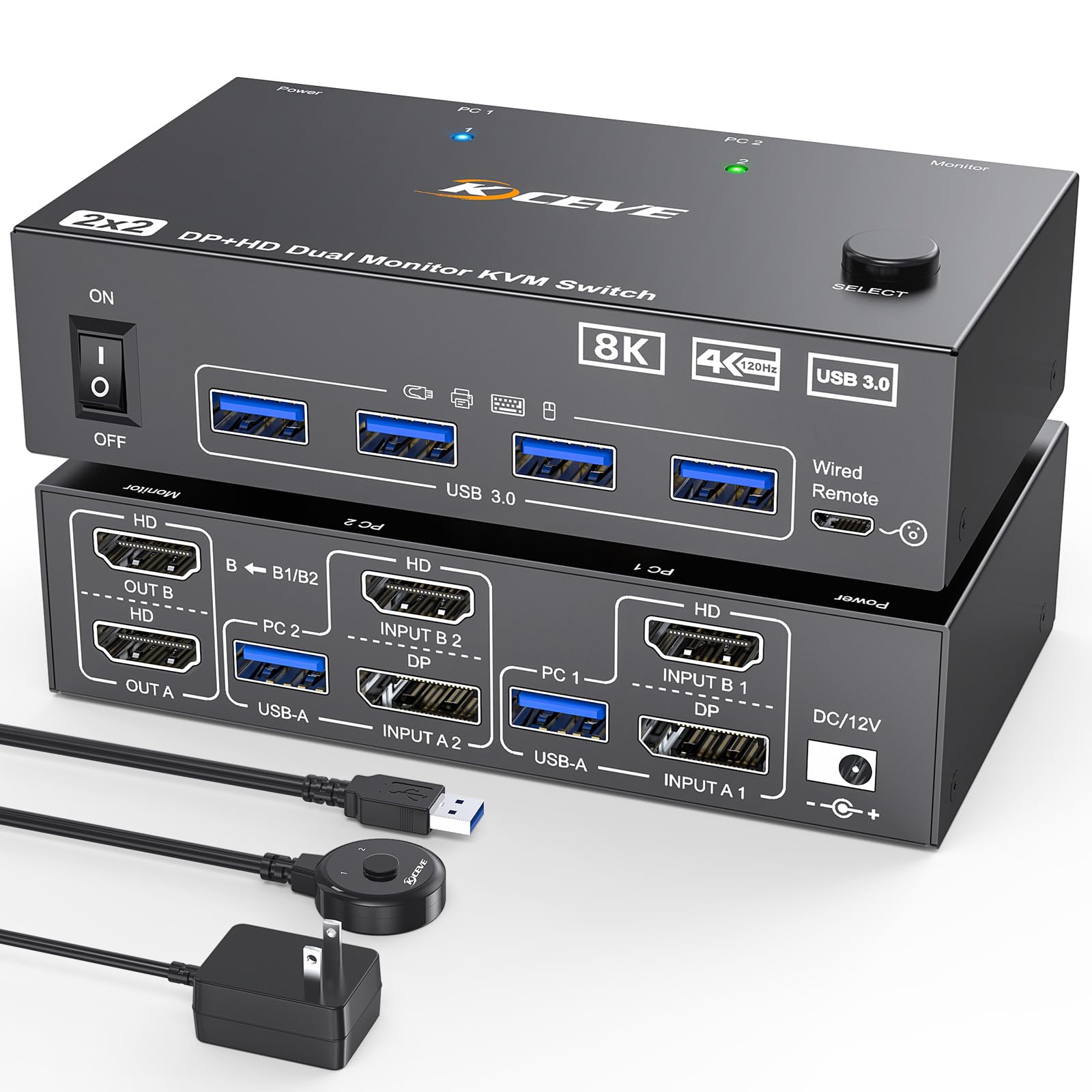Photo 1 of KVM Switch 2 Monitors 2 Computers 8K@60Hz/4K@144Hz, HDMI Displayport KVM Switches for 2 PC Sharing Dual Monitor and Keyboard Mouse with Power Adapter, Wired Extend Controller and USB3.0 Cables