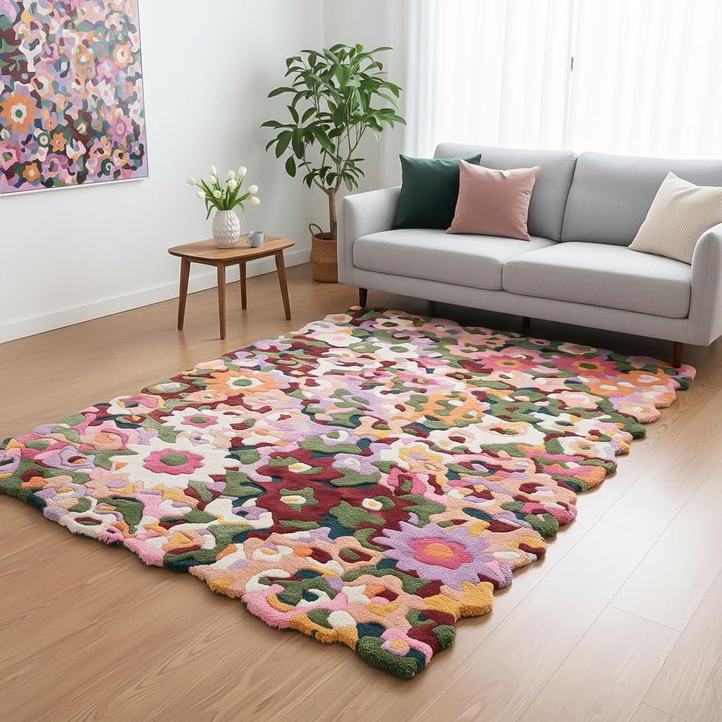 Photo 1 of Restoration and Renovation Handmade Colorful Floral Viscose & Wool Area Rug - Spring Garden Overflow The Frame - Unique Irregular Shape Flower Rug | Perfect for Home Decor (Colorful-Viscose, 5' x 8')