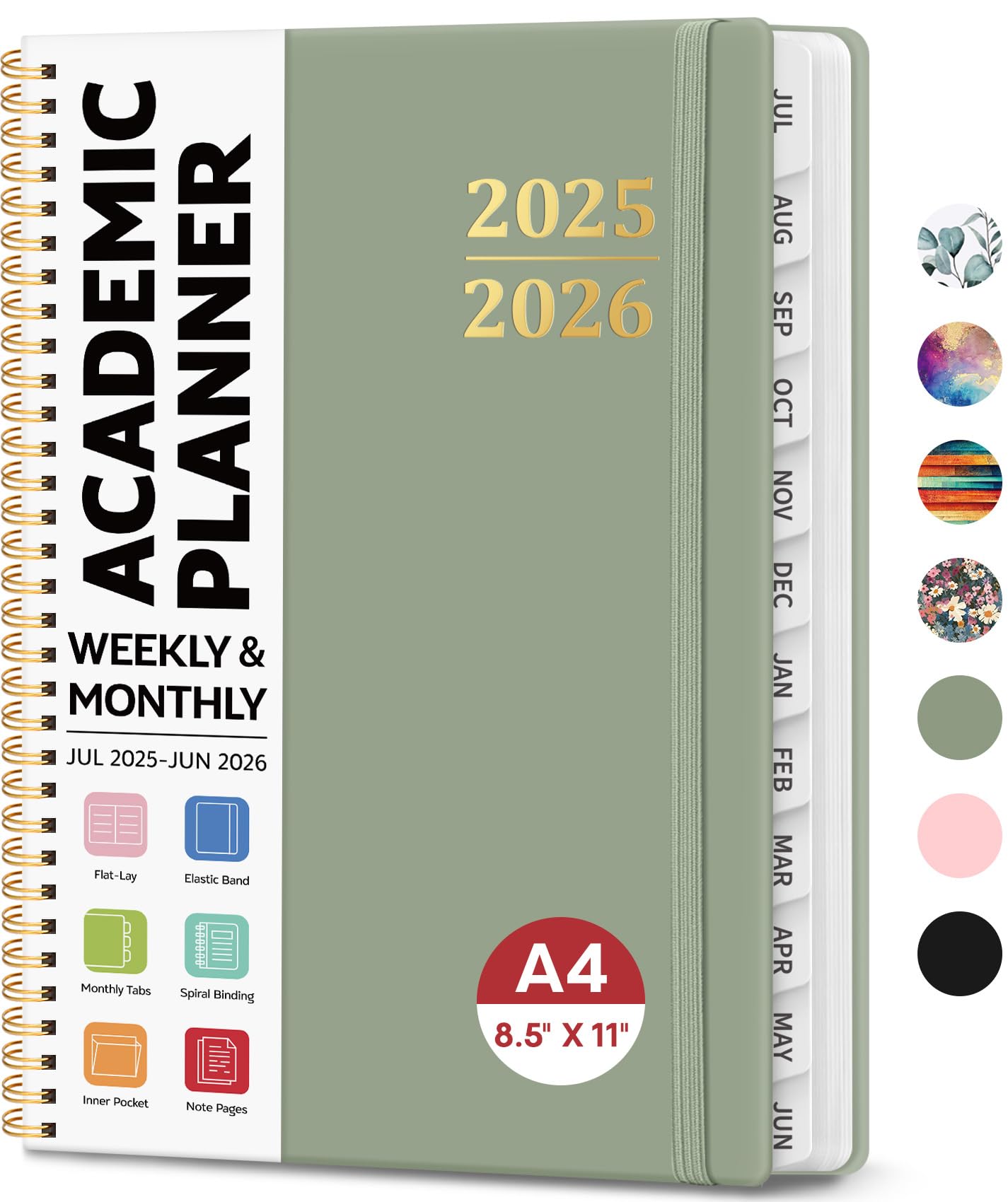Photo 1 of 8.5" x 11" Academic Planner 2025-2026, Weekly & Monthly Calendar Planner Book, July 2025 – June 2026, Large Hardcover Organizer with Tabs, Perfect for Teachers, Students, Women & Men – A4, Green