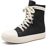 Kluolandi Women's High Top Sneakers Lace Up Canvas Shoes with Zipper Comfort Platform Walking Shoes in Black and White