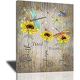 Bulldog Leather Works Sunflowers Dragonflies Decor Canvas Wall Art Just Breathe Inspirational Quotes Wall Decor Vintage Wood Farmhouse Floral Painting Artwork Modern Home Decorations 12 x 16 in