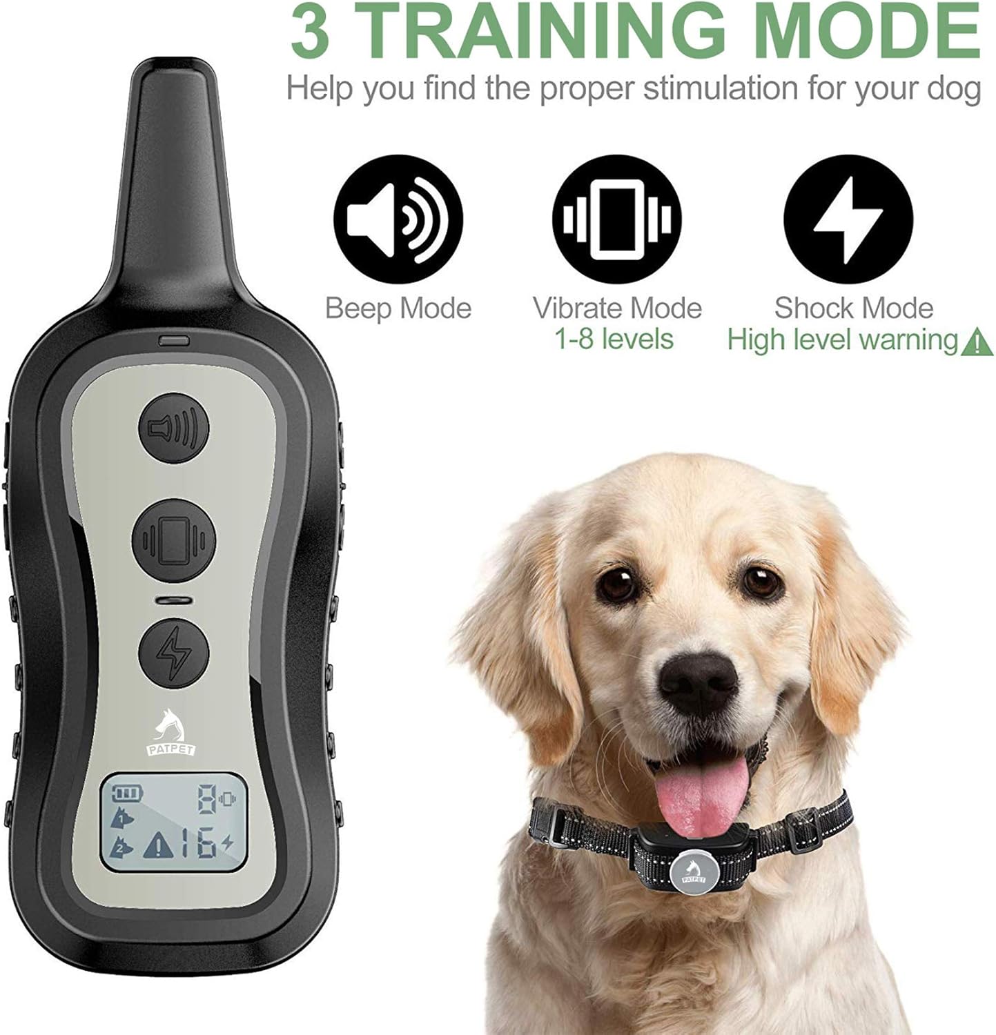 PATPET Dog Training Collar- Dog Shock Collar with Remote, w/3 Training Modes, Beep, Vibration and Shock, Up to 1005 ft Remote Range, Rainproof for Small Medium Large Dogs : PATPET : Pet Supplies