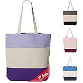 Tri-Color Canvas Tote Bags, Pack of 12, Durable 15x15" Cotton Totes for Shopping, Beach & Everyday Use with Sturdy 20" Handles, Purple