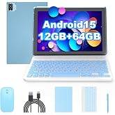 Android 15 Tablet 10 inch, 2 in1 Tablets with Keyboard Case Mouse Stylus, 12GB RAM 64GB ROM 1TB Expand, Quad-Core Processor Tablet PC, 5G WiFi6, BT5.0, 6000mAh, 1280*800 IPS Screen, Widevine L1, Blue