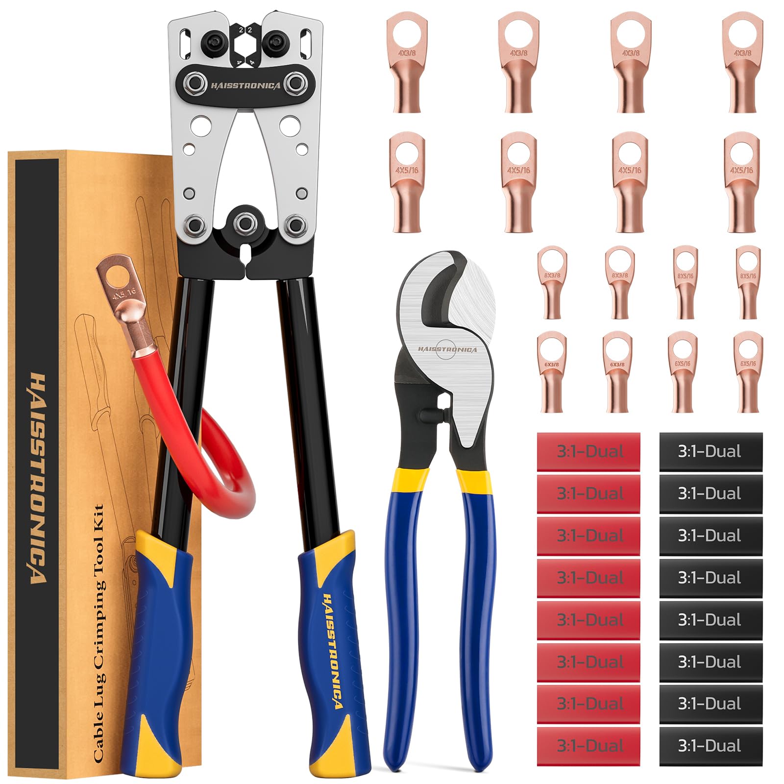 Photo 1 of haisstronica Automotive Battery Cable Lug Crimping Tool Kit for 8, 6, 4, 2, 1, 1/0 AWG Battery Terminals Heavy Duty Battery Cable Ends Crimper with Cable Cutters,32PCS Copper Lugs,Heat Shrink Tubing