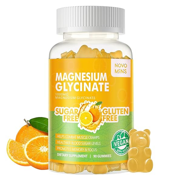 90 CT MAGNESIUM GLYCINATE GUMMIES 1000MG – SUGAR FREE MAGNESIUM POTASSIUM SUPPLEMENT WITH VITAMIN D, B6, COQ10 FOR CALM MOOD & SLEEP SUPPORT – 90 ORANGE GUMMIES.