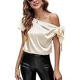 VIDUSSA Women's Off Shoulder Silk Tops Casual Short Sleeve Asymmetrical Neck Satin Blouse Shirts