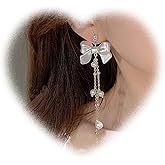 W WEILIRIAN Long Bow Earrings Vintage Pearl Earrings Boho Pearl Dangle Earrings Pearl Chain Drop Earrings Pearl Wedding Earrings Jewelry for Women and Girls Gifts
