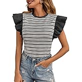 Tankaneo Womens Ruffle Striped Tank Tops Summer Crew Neck Sleeveless Shirts Loose Fit Dressy Casual Blouse