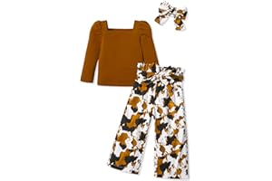 Ribabz Girl Clothes, Toddler Girl Clothes Square Neck Puff Long Sleeve Top Striped Pants Headband 3Pcs Fall Clothes Set