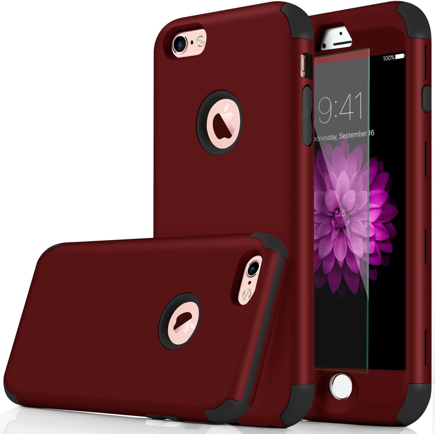 DUDETOP Compatible with iPhone 6 Case, 3-in-1 Shockproof Scratch-Resistant Armor Protective Cover Easy Grip Design with Tempered Glass Screen Protector for Apple iPhone 6s 4.7" Inch (Red)