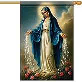 Starlit Patio Christmas Virgin Mary House Flag 28x40 Inch Double Sided Holy Mother Glowing Hands Blue Mantle Red Roses Nativity Scene Christian Religious Holy Night Winter Holiday Outdoor Yard Garden Porch Home Decoration