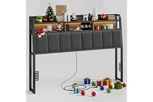 ONBRILL Ergonomic Headboard for Queen Size Bed with 2-Tier Storage, Upholstered Headboards with Outlets, USB Ports, LED Light, Queen Head Board Only, Height Adjustable, Sturdy and Stable, Black & Grey