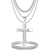 JUNOVUROS 5 Piece Stainless Steel Cross Pendant Necklace Set with 3 Chains and 1 Cuban Bracelet, Jesus Christ Cross Religious Jewelry Gift, Silver/Gold/Black
