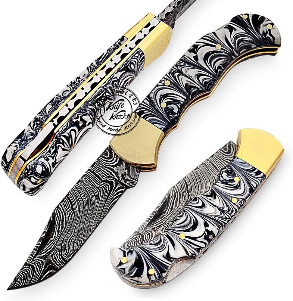 Black & White 6.5'' 100% Handmade Damascus Steel Folding Pocket Knife 100% Prime Quality
