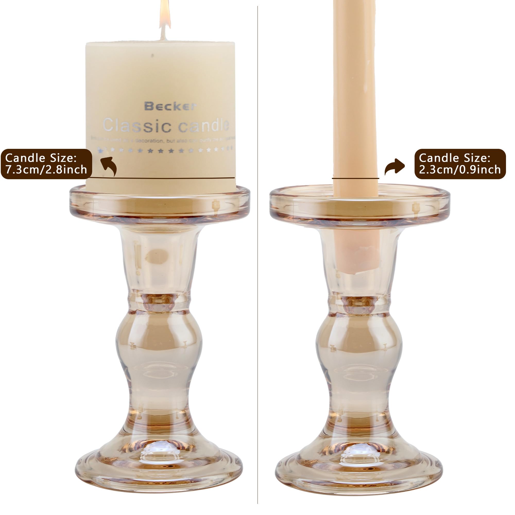 Amber Glass Candle Holder Set, QENUIITEA Set of 3 Clear Candlesticks Holders Pillar Taper Candles Tea Light Stand for Centerpieces Church Wedding Party Home Decor Dining Table