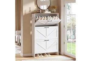Nicetree Shaker Barn Door Shoe Cabinet - 3 Flip Drawers & 3-Tier Adjustable Shelves, Ultra Slim Freestanding, Modern Rustic Brushed White Farmhouse Shoe Rack for Entryway, Hallway, Foyer & Mudroom