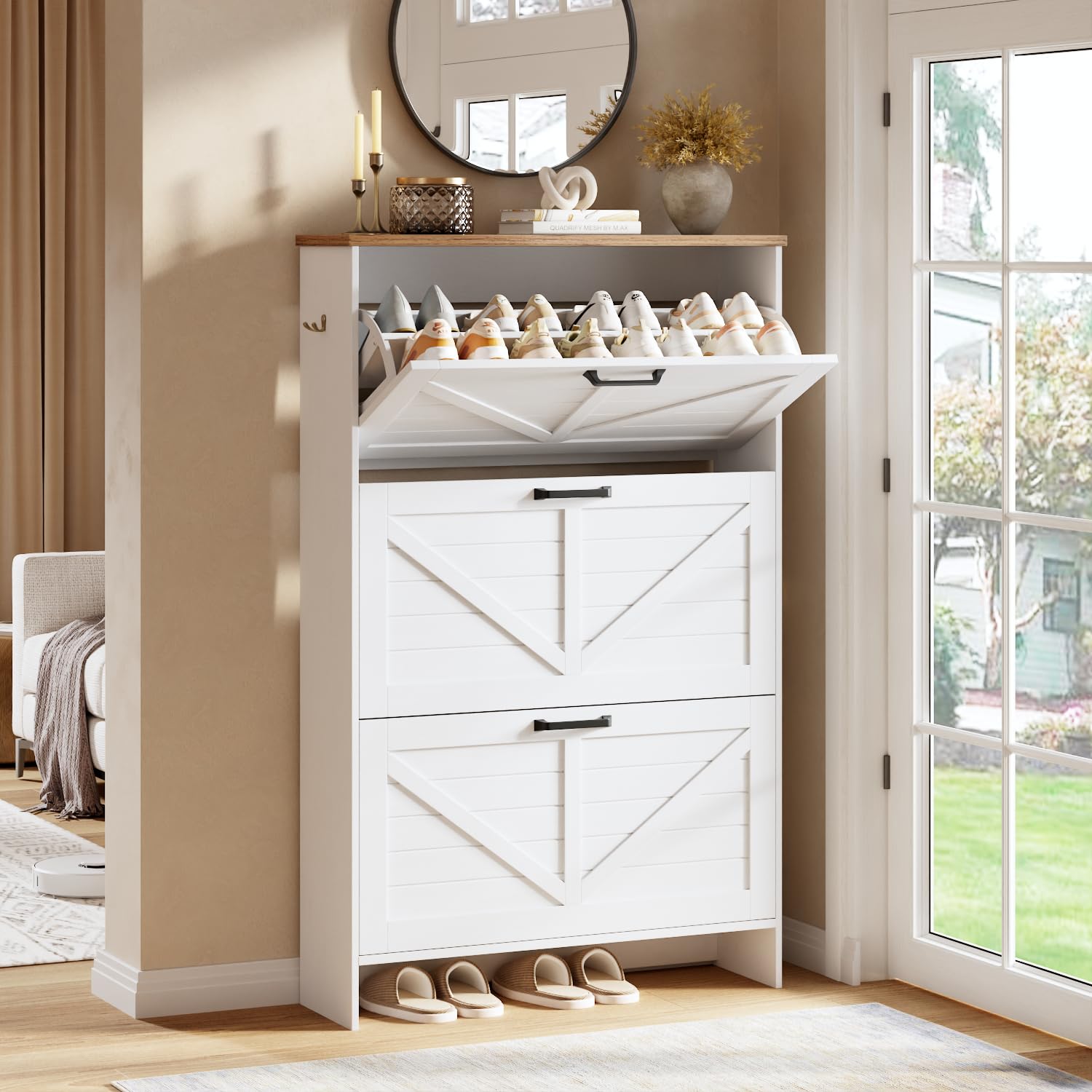 Photo 1 of ***FINAL SALE/NO RETURN, VIEW NOTES*** Nicetree Shaker Barn Door Shoe Cabinet, 3 Flip Drawers & 3Tier Adjustable Shelves, Ultra Slim Freestanding, Modern Rustic Brushed White Farmhouse Shoe Rack for Entryway, Hallway, Foyer & Mudroom White