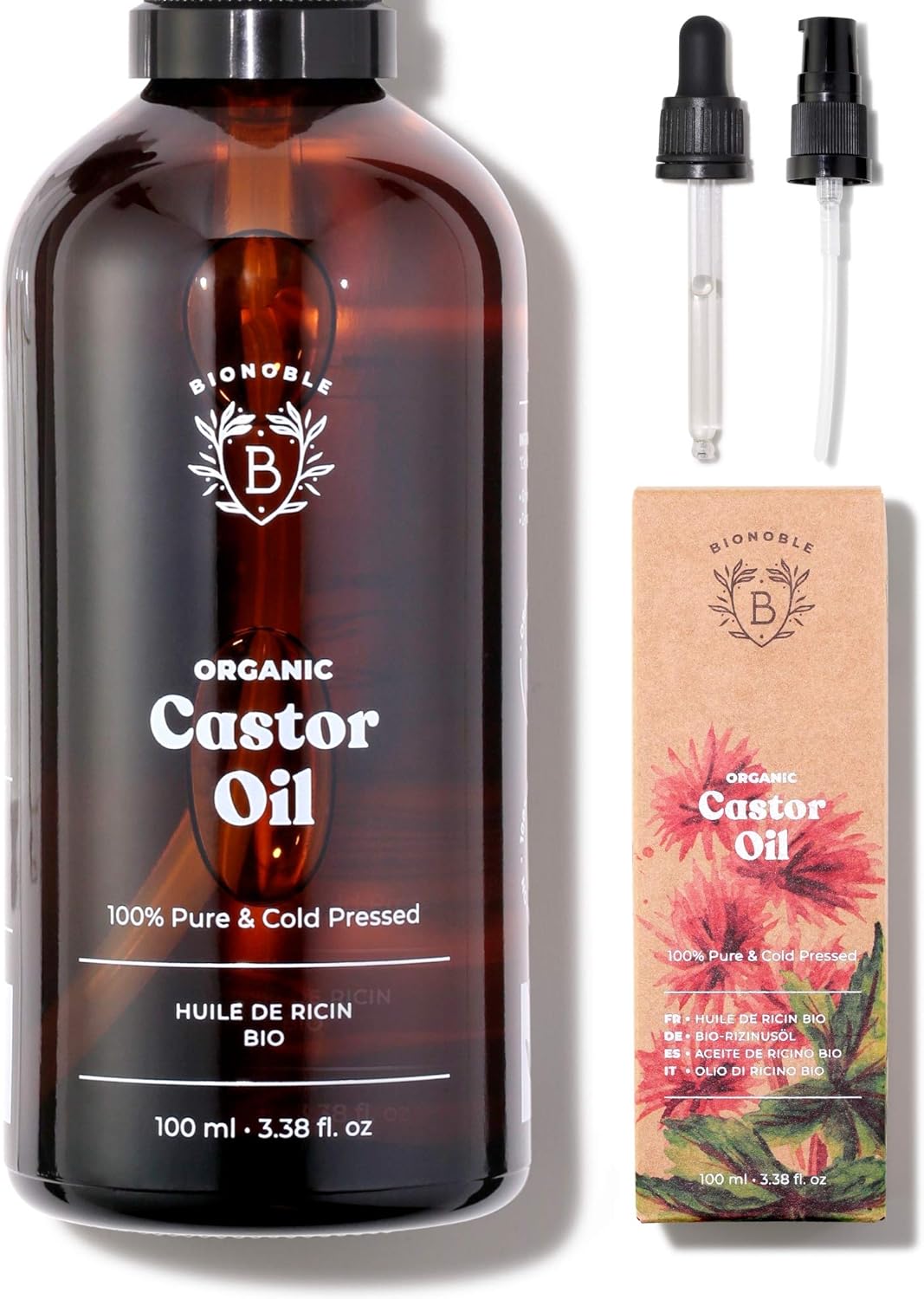 BIONOBLE Organic Castor Oil Cold Pressed, Hexane Free, 100% Natural, Pure Castor Oil Organic for Eyelashes Hair Growth