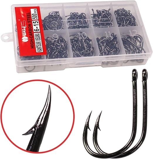 QualyQualy 615 Assorted Fishing Hooks Saltwater Freshwater Stainless Steel Black Nickel