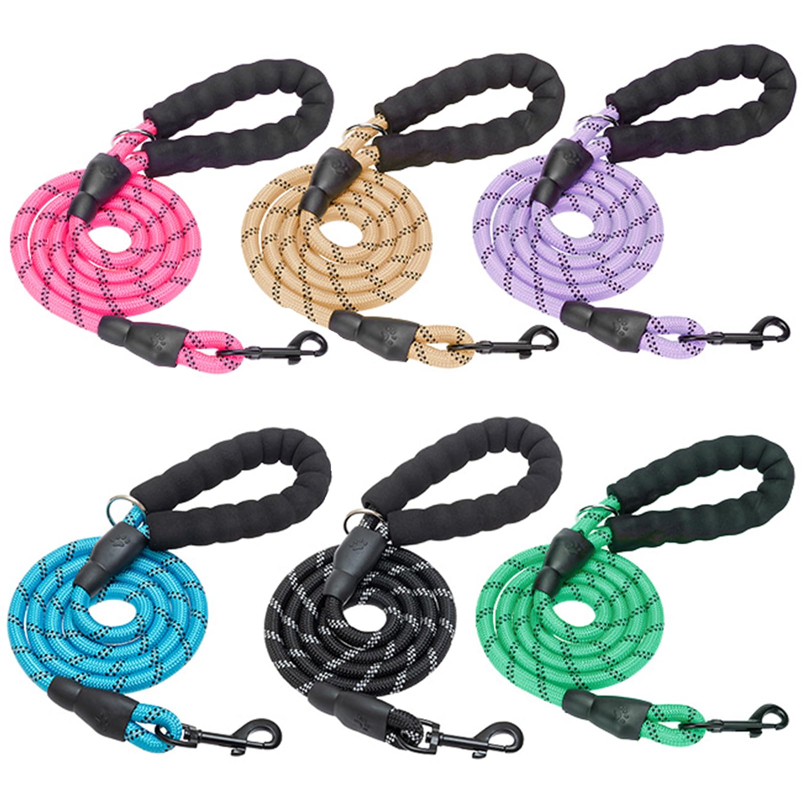 BEAUTYZOO Heavy Duty Rope Dog Lead 6 Pack, 6FT Nylon Pet Leash with Reflective Thread, Soft Padded Handle Thick Lead Leash for Large Medium Dogs Small Puppy