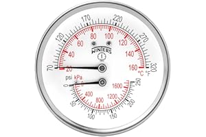 Winters TTD Series Steel Dual Scale Tridicator Thermometer with 2" Stem, 0-250psi/kpa, 3" Dial Display, ±3-2-3% Accuracy, 1/2
