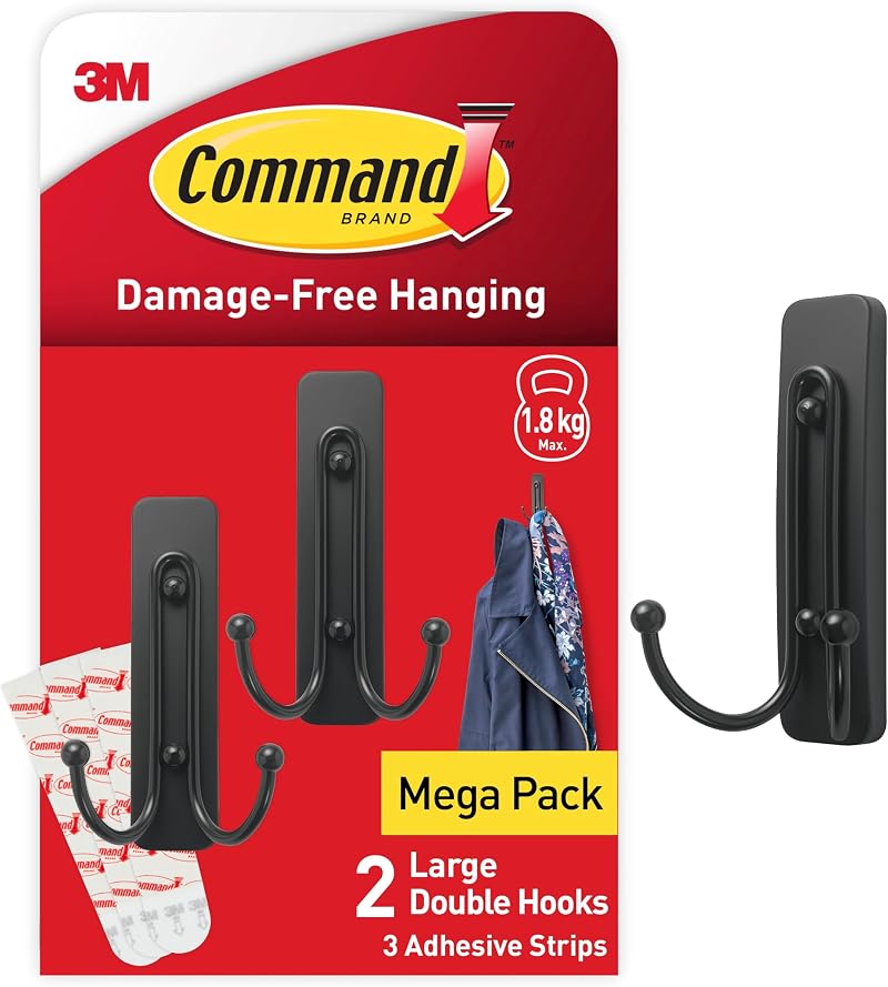 Command Decorative Double Hook Matte Black Metal Medium 2 Hooks 1.8kg Damage