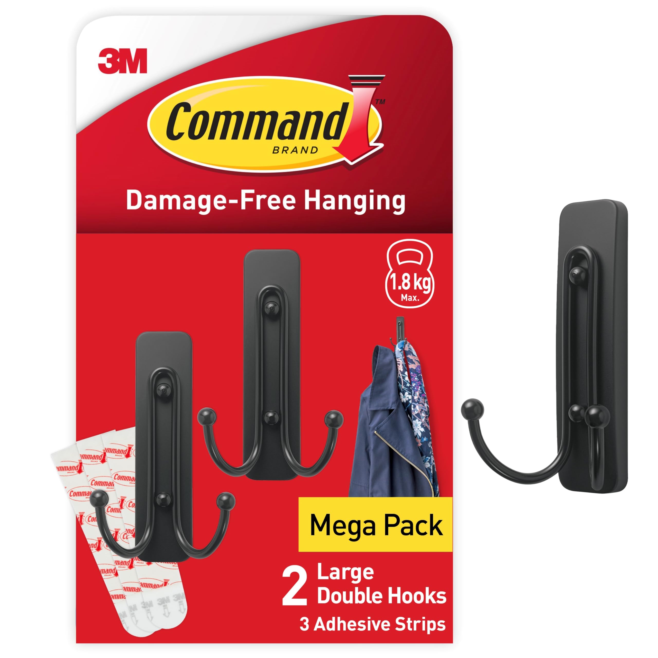 Command Decorative Hook, Matte Black Double Hook, Indoor use - 2 Metal Medium Hooks and 3 Adhesive Strips - Hang Jackets, Purses, Handbags, Backpacks, Hats, Scarves, Dog Leads - Organise Damage Free — image 1
