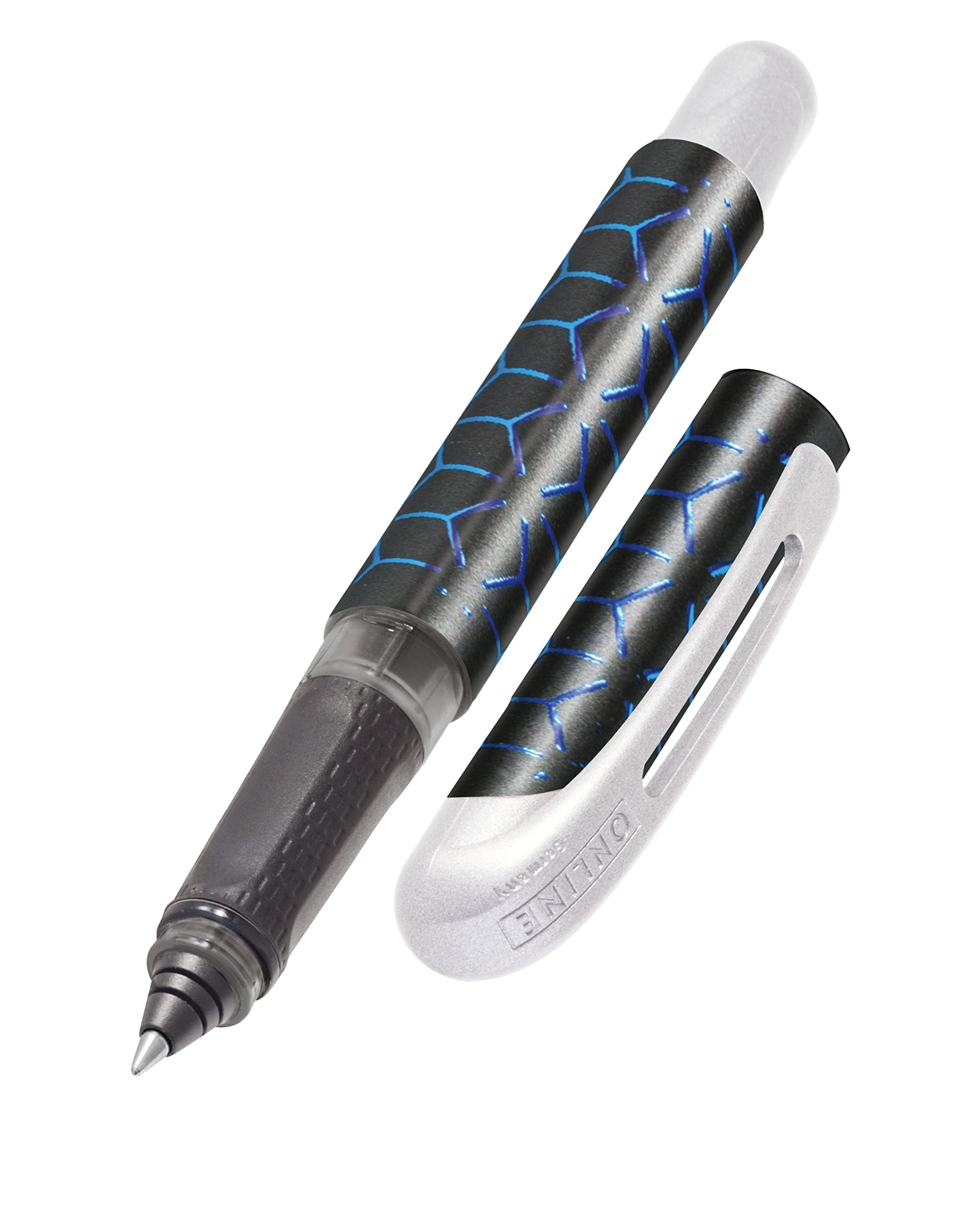 Online ergonomic rollerball pen Blue Style for school & college grip part for left- and right-handed for standard ink cartridges, refillable pens for beginners, pupils, students